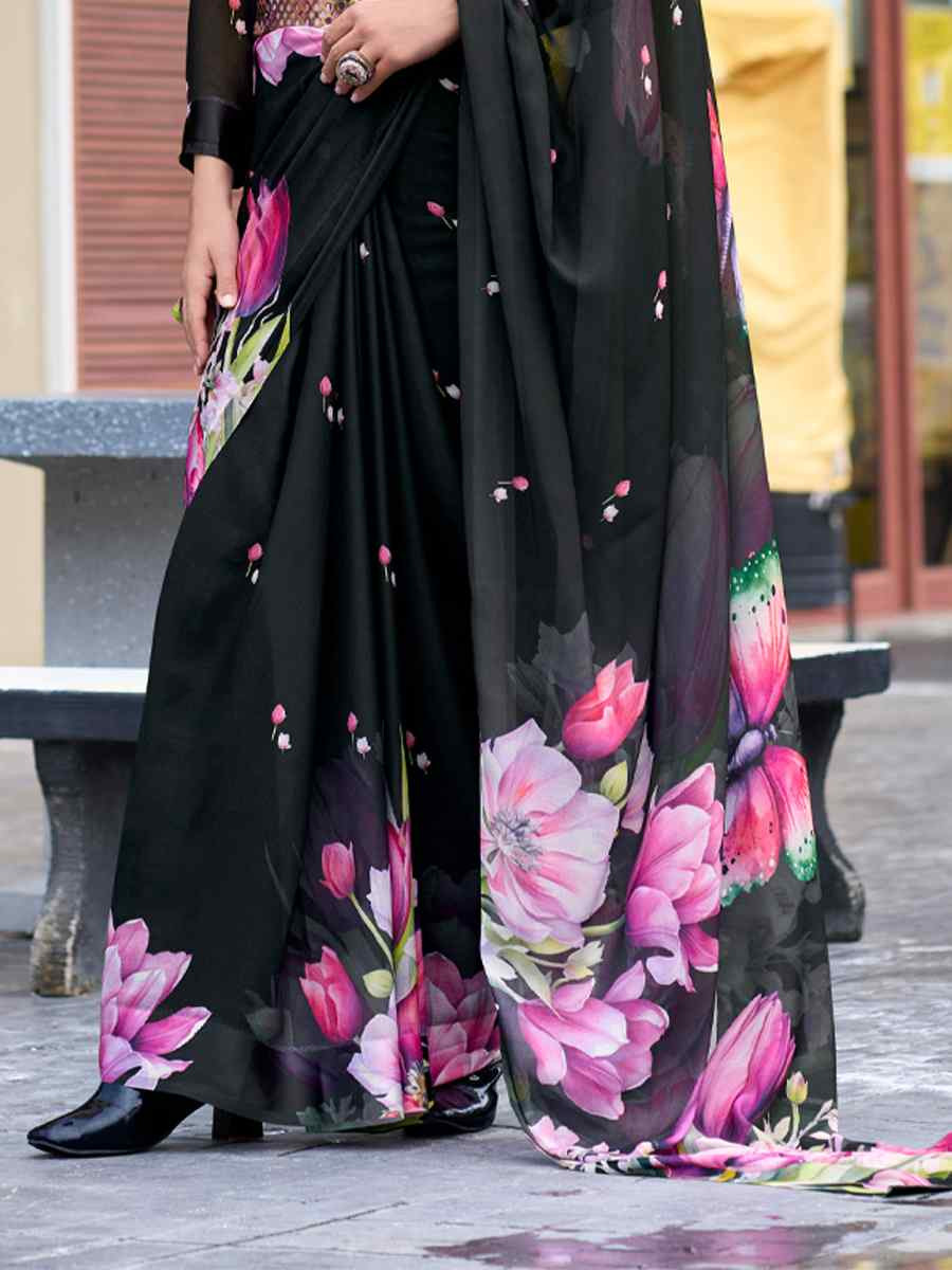 Black Pure Georgette Printed Casual Festival Contemporary Saree