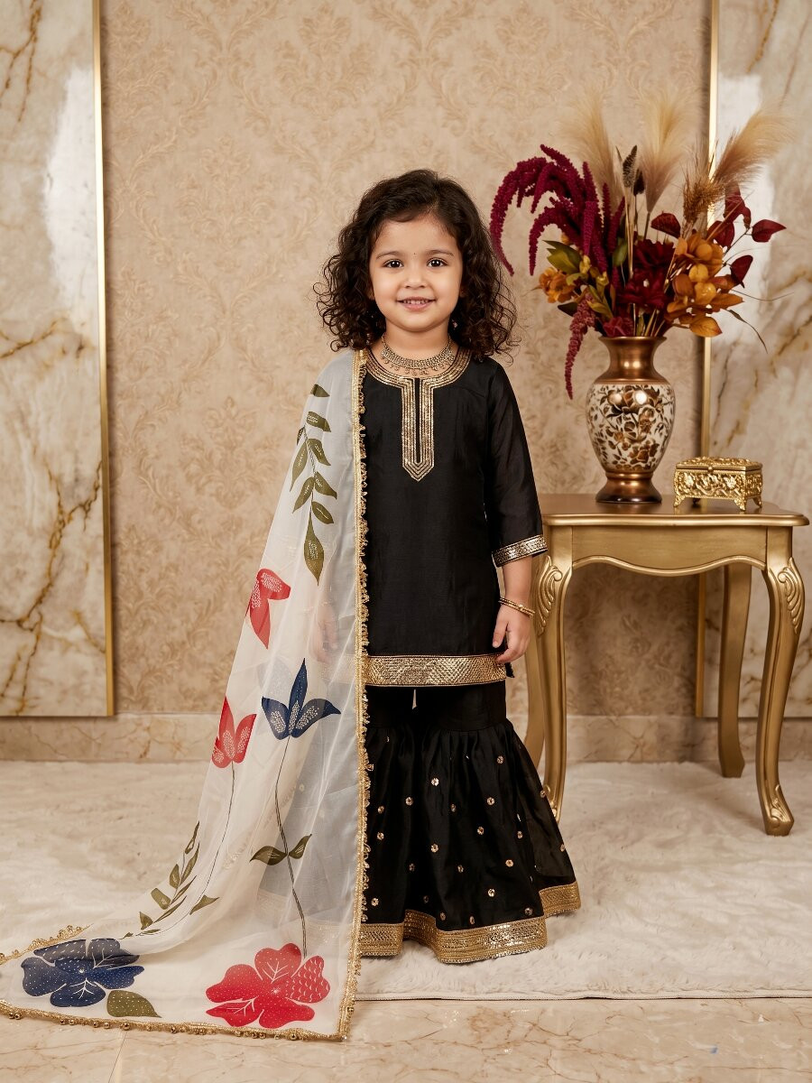 Black Pure gmy silk Embroidered Sequins Ethnic Casual Festival Party Wedding Kurta Sharara Girls Wear