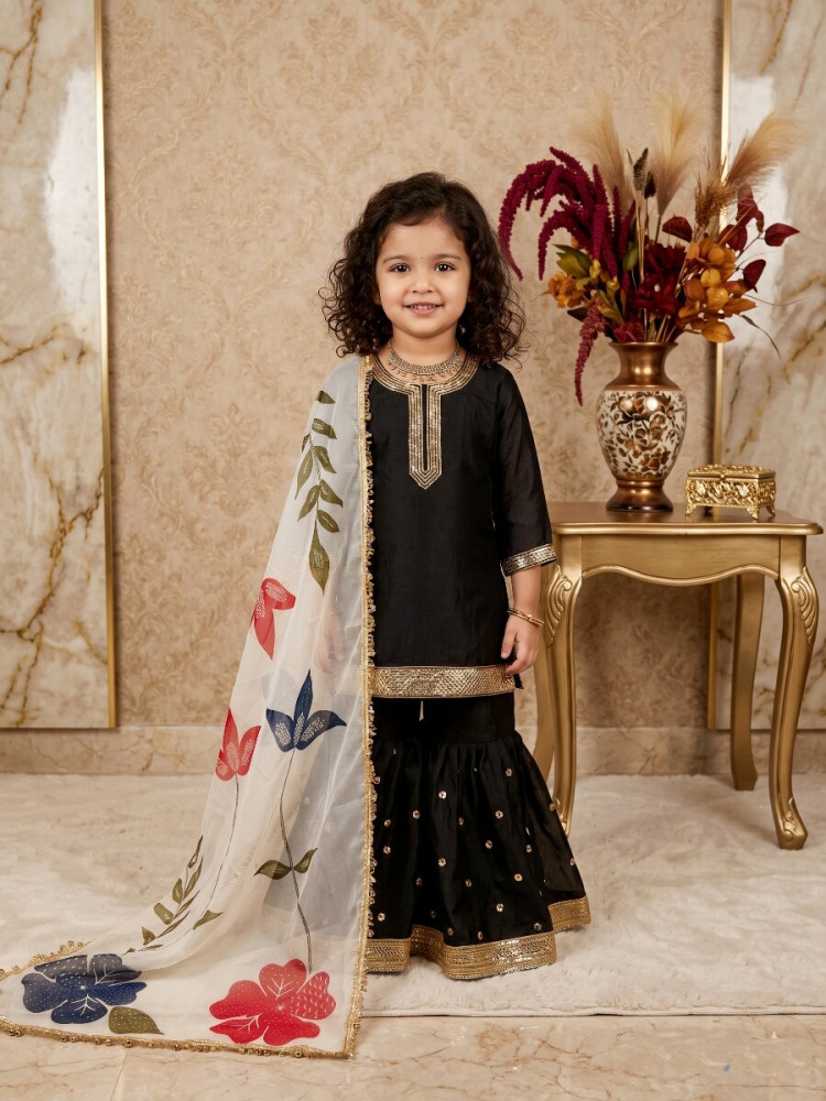 Image of Black Pure gmy silk Embroidered Sequins Ethnic Casual Festival Party Wedding Kurta Sharara Girls Wear