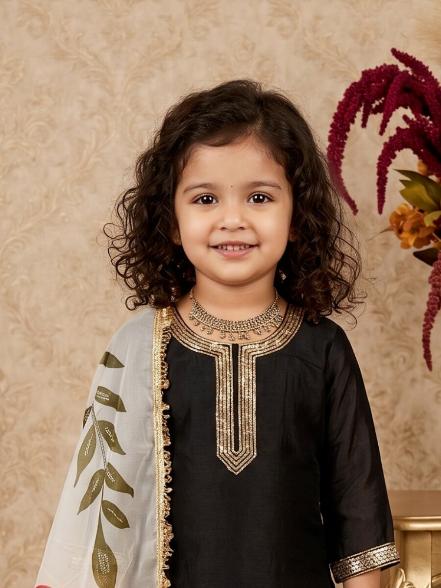 Black Pure gmy silk Embroidered Sequins Ethnic Casual Festival Party Wedding Kurta Sharara Girls Wear