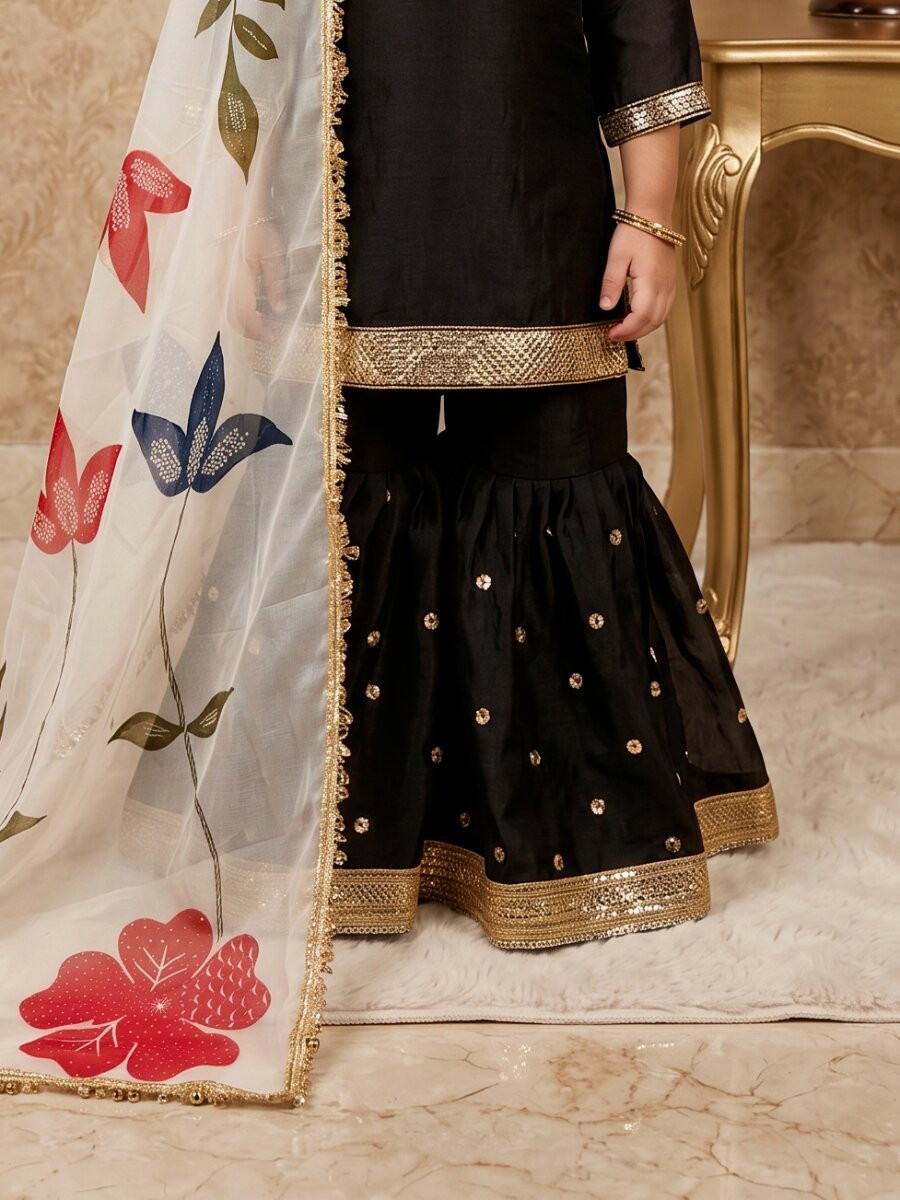 Black Pure gmy silk Embroidered Sequins Ethnic Casual Festival Party Wedding Kurta Sharara Girls Wear