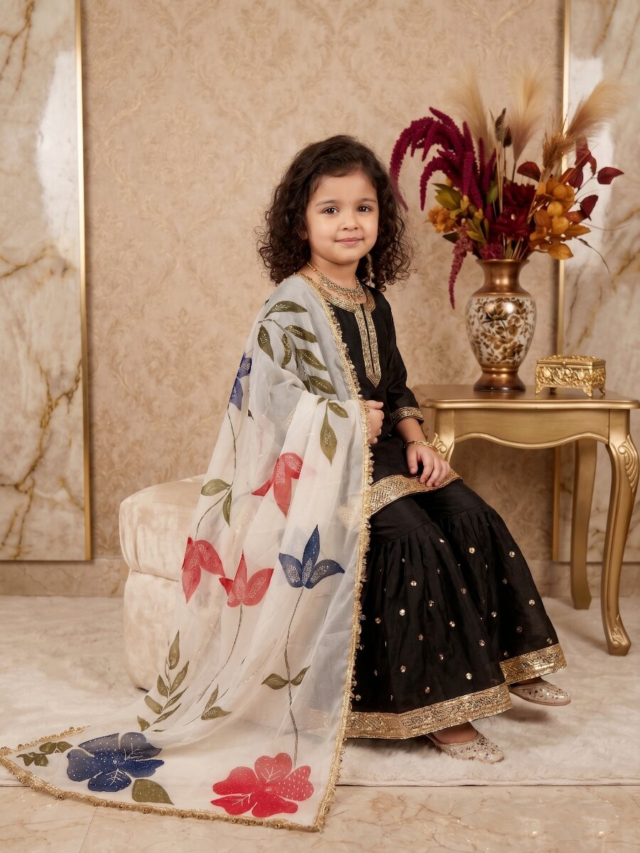 Black Pure gmy silk Embroidered Sequins Ethnic Casual Festival Party Wedding Kurta Sharara Girls Wear