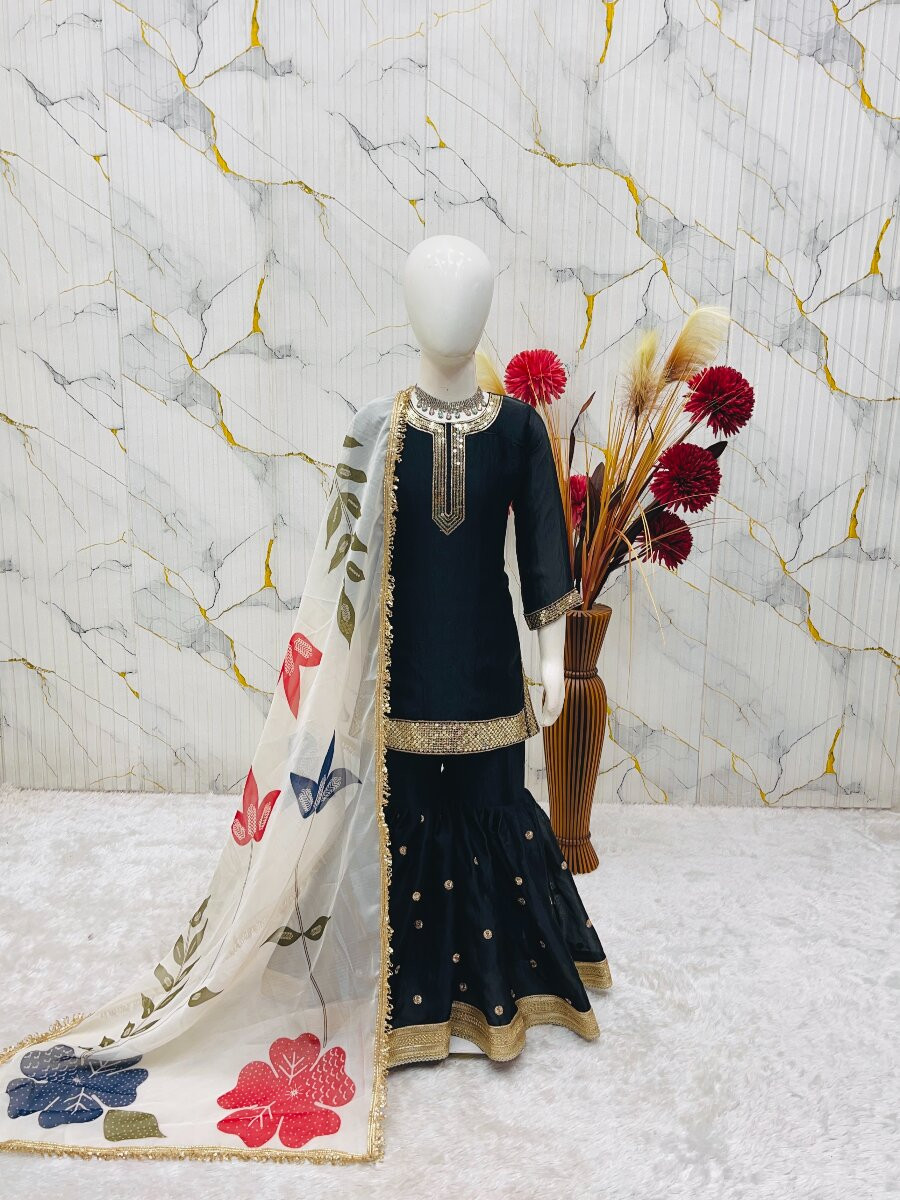 Black Pure gmy silk Embroidered Sequins Ethnic Casual Festival Party Wedding Kurta Sharara Girls Wear
