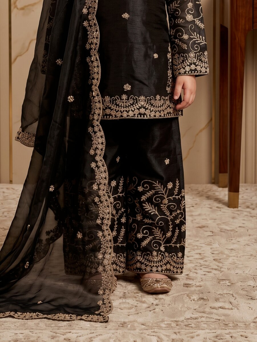 Black Pure gmy silk Embroidered Sequins Ethnic Casual Festival Party Wedding Salwars Girls Wear
