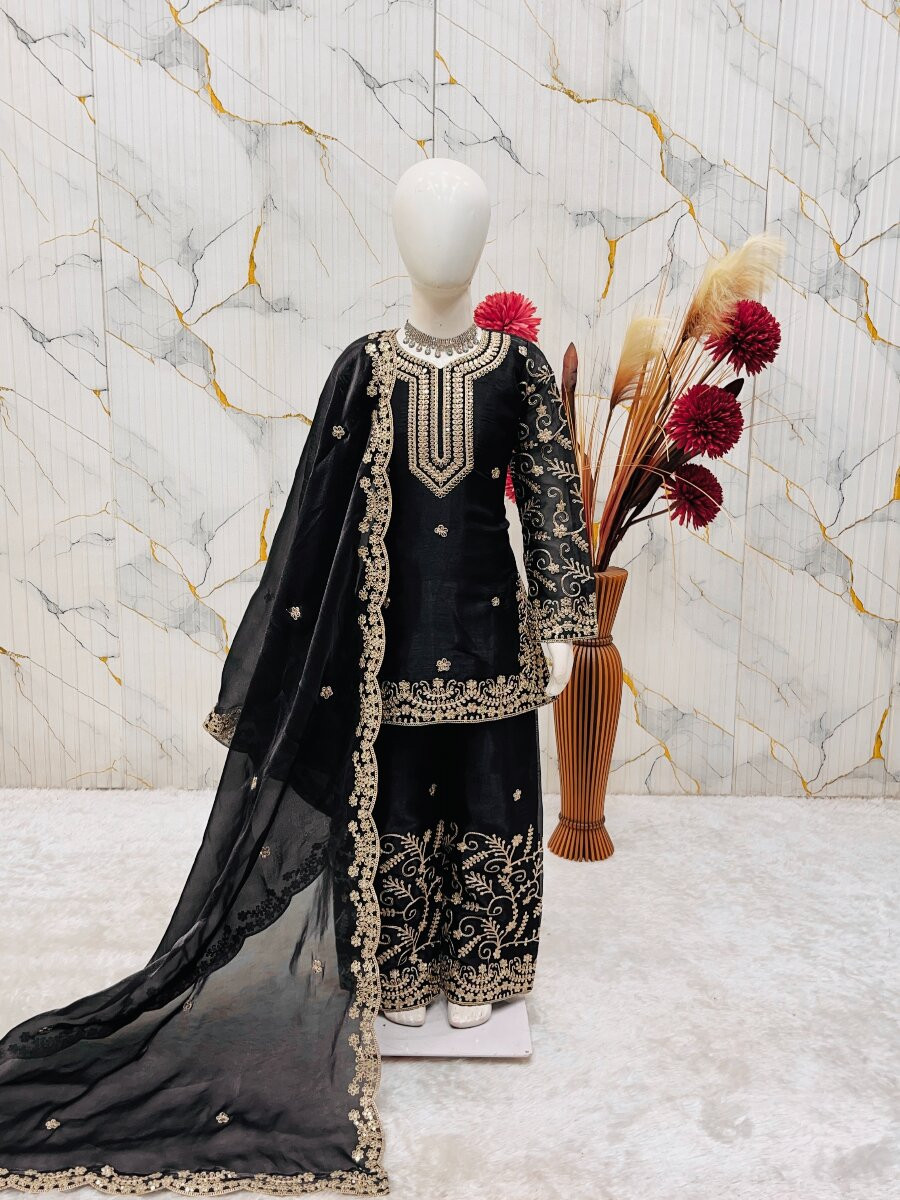 Black Pure gmy silk Embroidered Sequins Ethnic Casual Festival Party Wedding Salwars Girls Wear