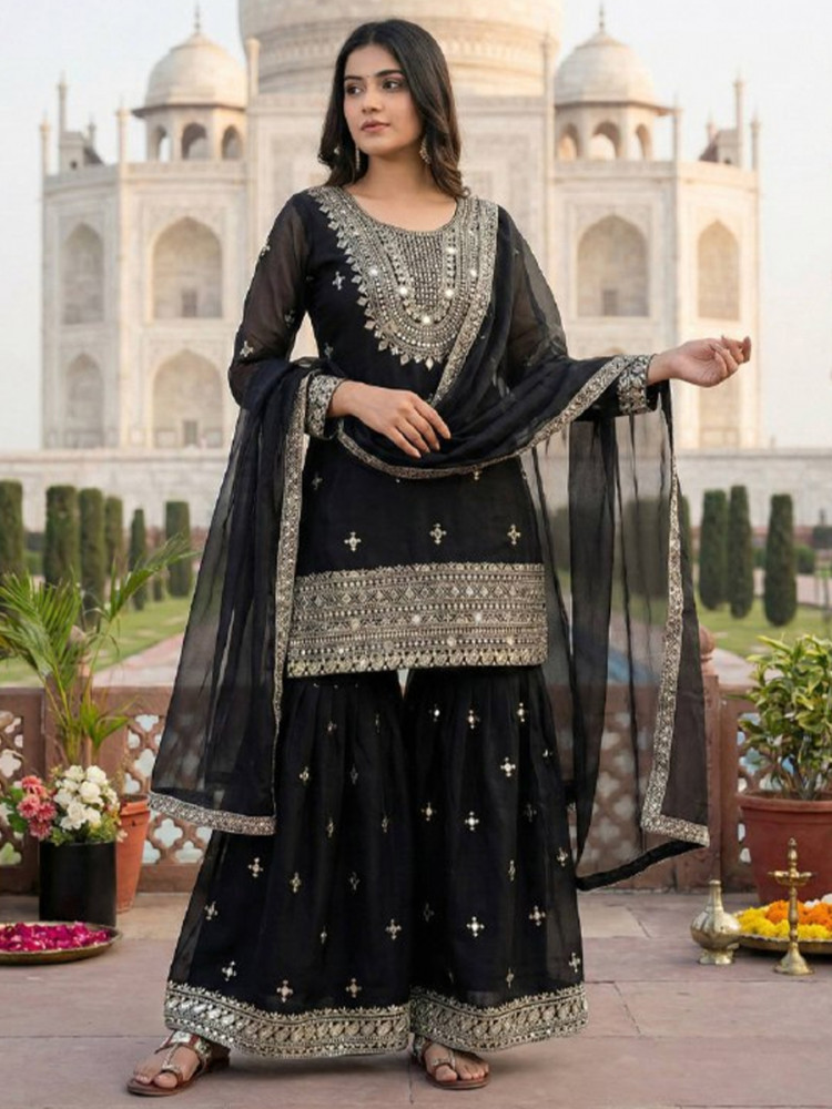 Image of Black Pure Gmy Silk Embroidery Sequins Party Wedding Festival Casual Ready Sharara Pant Salwar Kameez