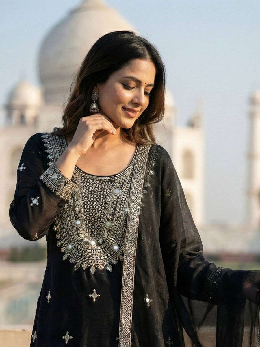Black Pure Gmy Silk Embroidery Sequins Party Wedding Festival Casual Ready Sharara Pant Salwar Kameez