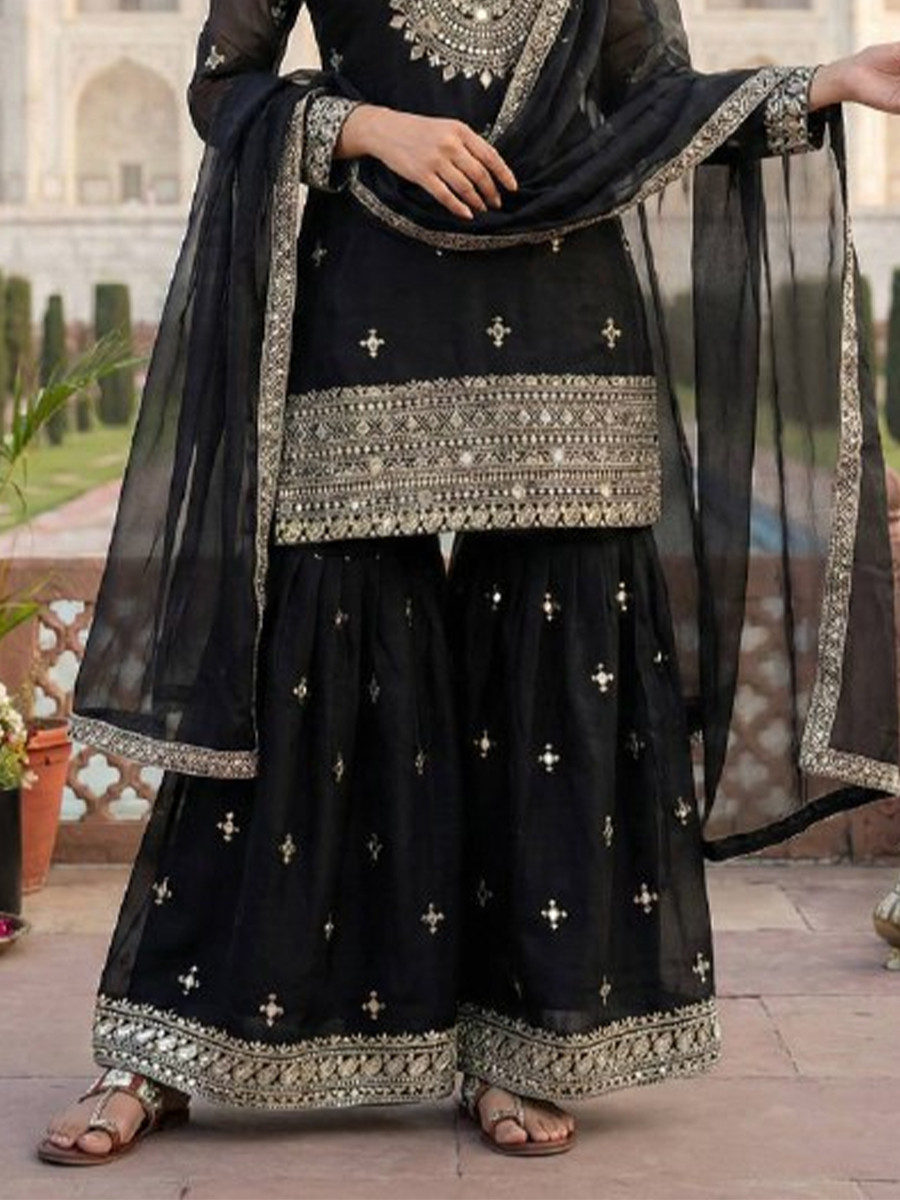 Black Pure Gmy Silk Embroidery Sequins Party Wedding Festival Casual Ready Sharara Pant Salwar Kameez