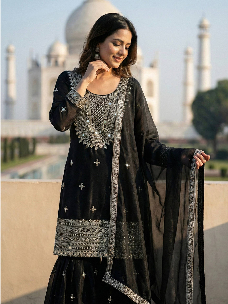 Black Pure Gmy Silk Embroidery Sequins Party Wedding Festival Casual Ready Sharara Pant Salwar Kameez