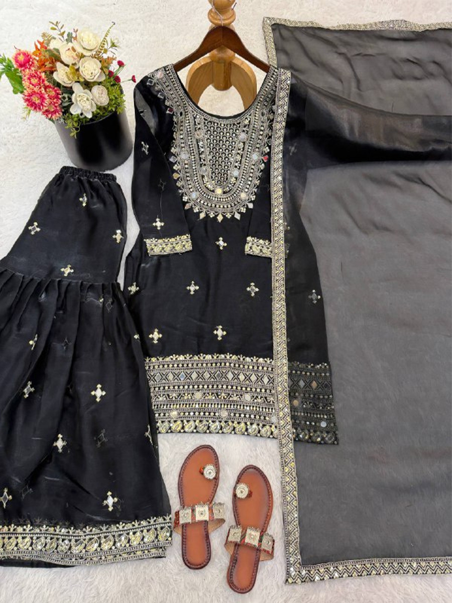 Black Pure Gmy Silk Embroidery Sequins Party Wedding Festival Casual Ready Sharara Pant Salwar Kameez