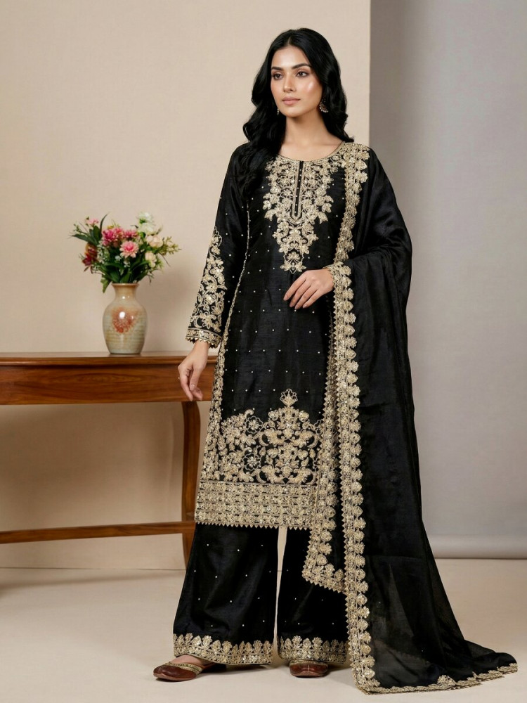 Image of Black Pure Gmy Silk Embroidery Sequins Zari Party Wedding Engagement Festival Ready Palazzo Pant Salwar Kameez