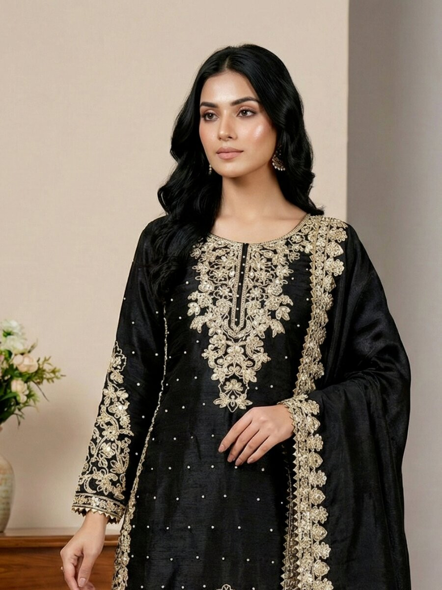 Black Pure Gmy Silk Embroidery Sequins Zari Party Wedding Engagement Festival Ready Palazzo Pant Salwar Kameez