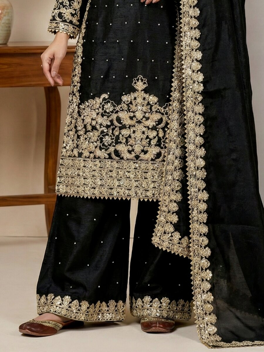 Black Pure Gmy Silk Embroidery Sequins Zari Party Wedding Engagement Festival Ready Palazzo Pant Salwar Kameez