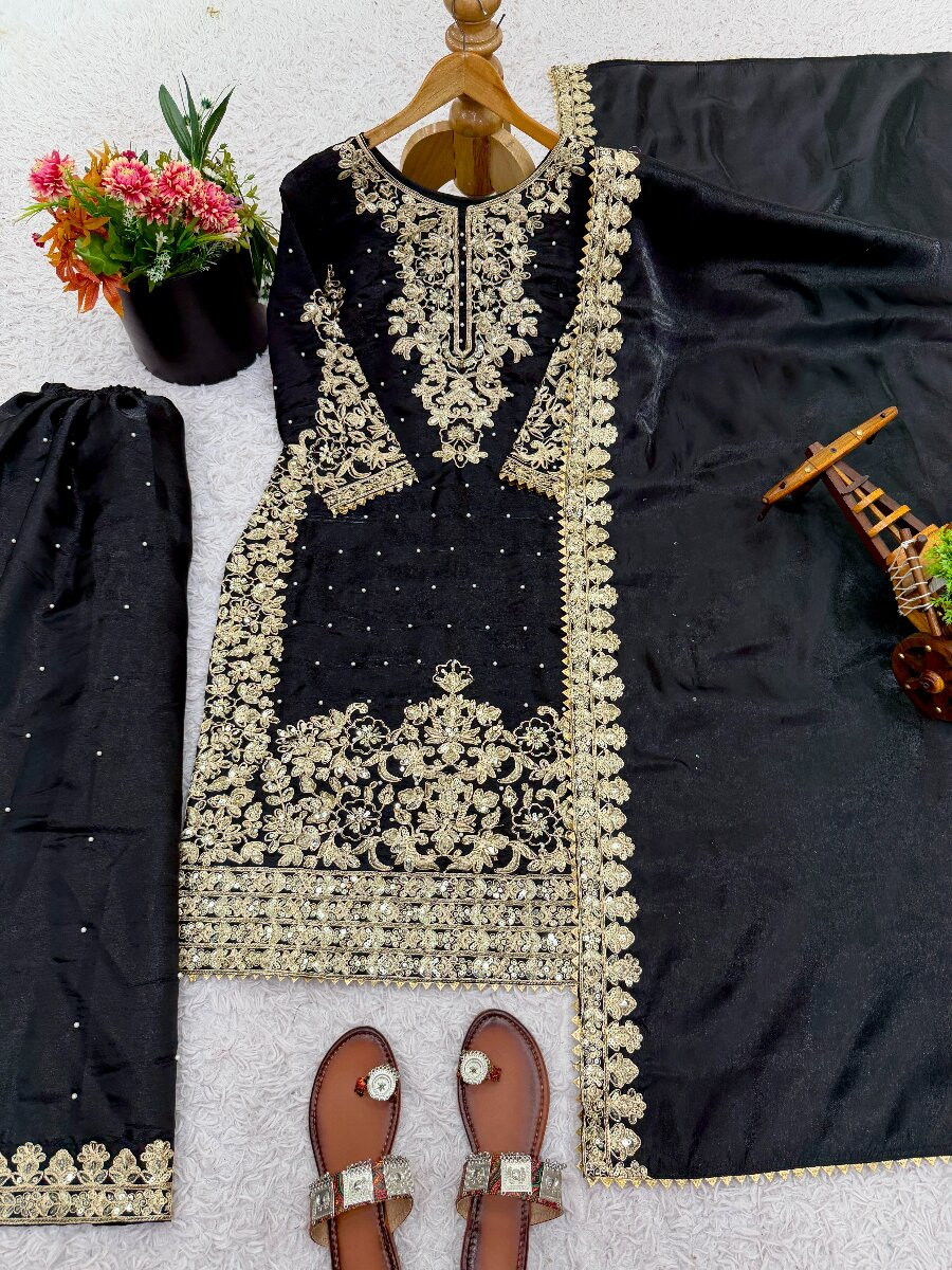 Black Pure Gmy Silk Embroidery Sequins Zari Party Wedding Engagement Festival Ready Palazzo Pant Salwar Kameez