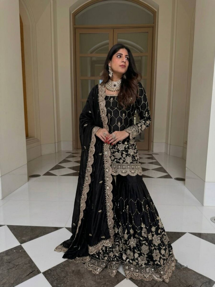Image of Black Pure Heavy Gmy Silk Embroidery Sequins Mirror Hand Work Wedding Party Festival Casual Ready Sharara Pant Salwar Kameez