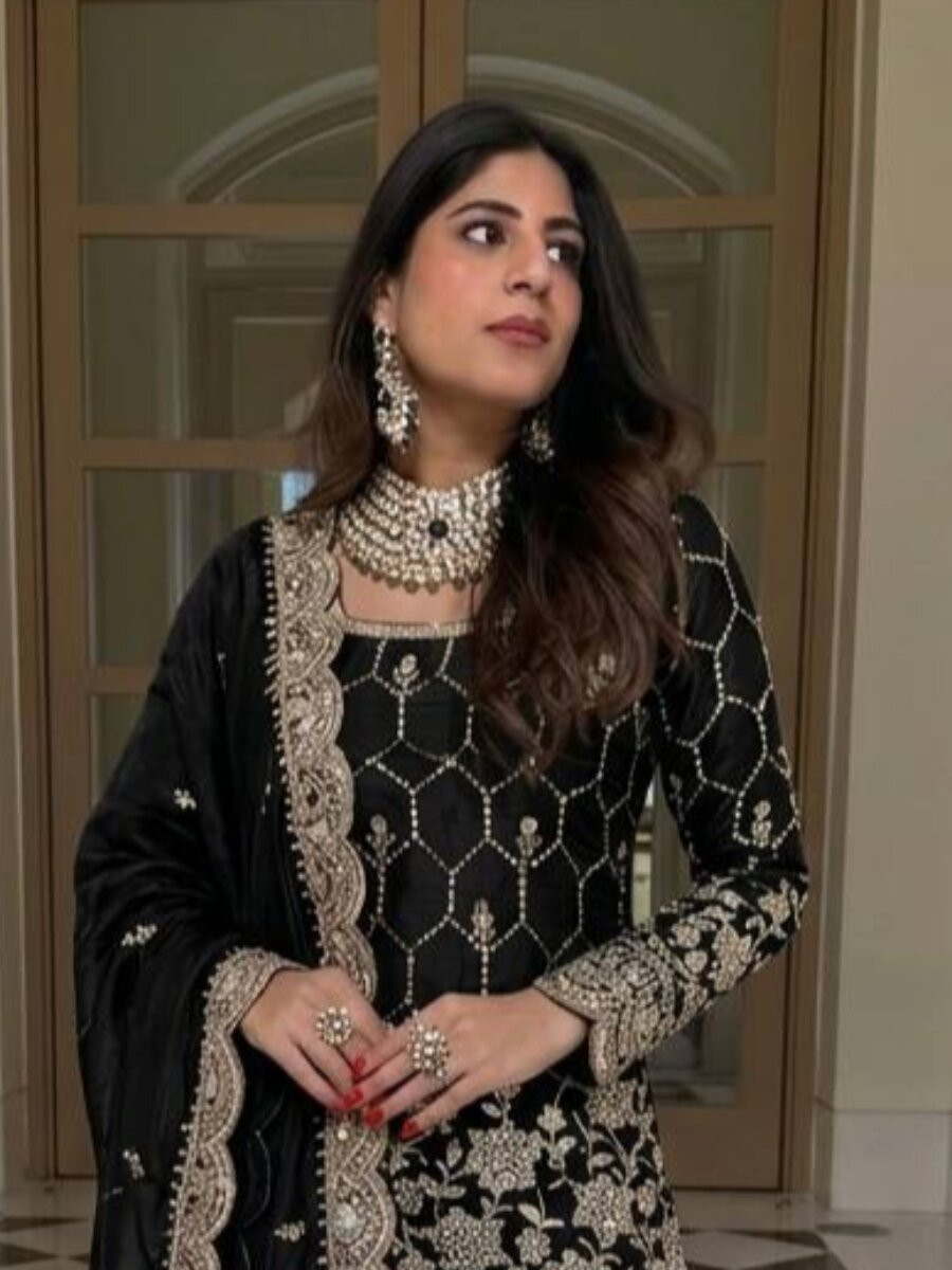 Black Pure Heavy Gmy Silk Embroidery Sequins Mirror Hand Work Wedding Party Festival Casual Ready Sharara Pant Salwar Kameez