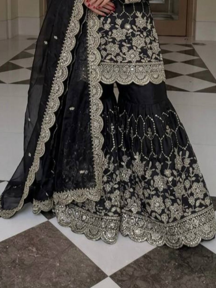 Black Pure Heavy Gmy Silk Embroidery Sequins Mirror Hand Work Wedding Party Festival Casual Ready Sharara Pant Salwar Kameez