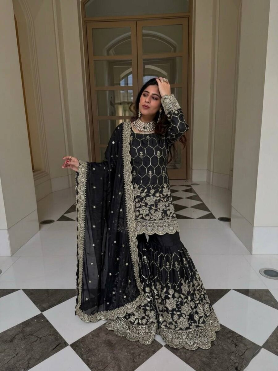 Black Pure Heavy Gmy Silk Embroidery Sequins Mirror Hand Work Wedding Party Festival Casual Ready Sharara Pant Salwar Kameez