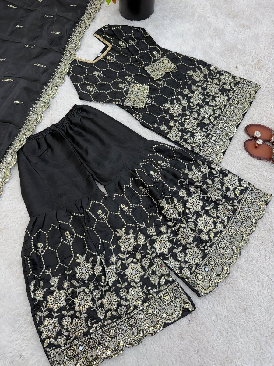 Black Pure Heavy Gmy Silk Embroidery Sequins Mirror Hand Work Wedding Party Festival Casual Ready Sharara Pant Salwar Kameez