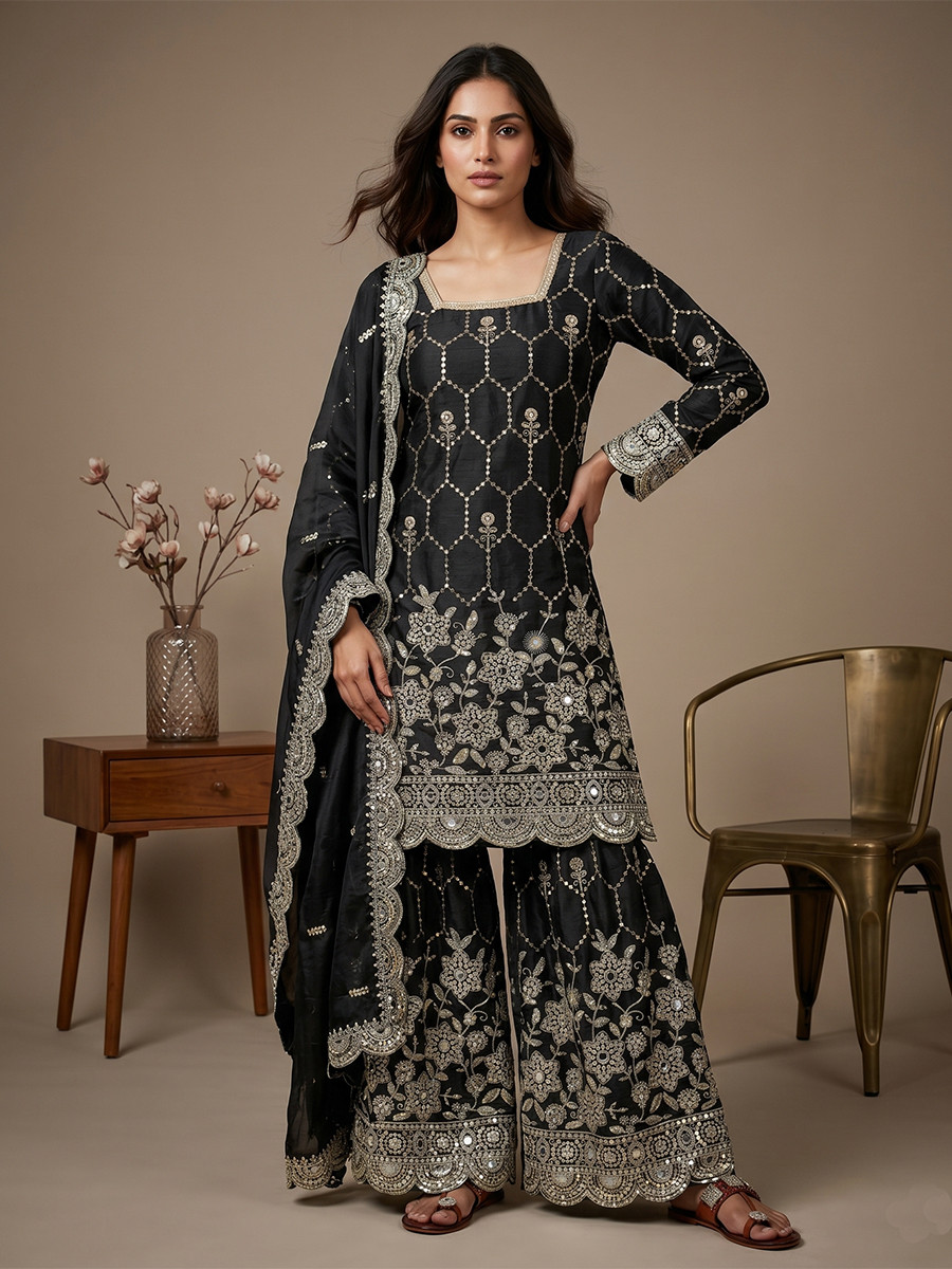 Black Pure Heavy Gmy Silk Embroidery Sequins Real Mirror Hand Work Wedding Party Festival Casual Ready Sharara Pant Salwar Kameez