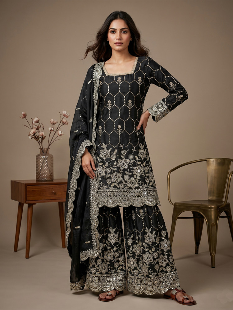 Image of Black Pure Heavy Gmy Silk Embroidery Sequins Real Mirror Hand Work Wedding Party Festival Casual Ready Sharara Pant Salwar Kameez