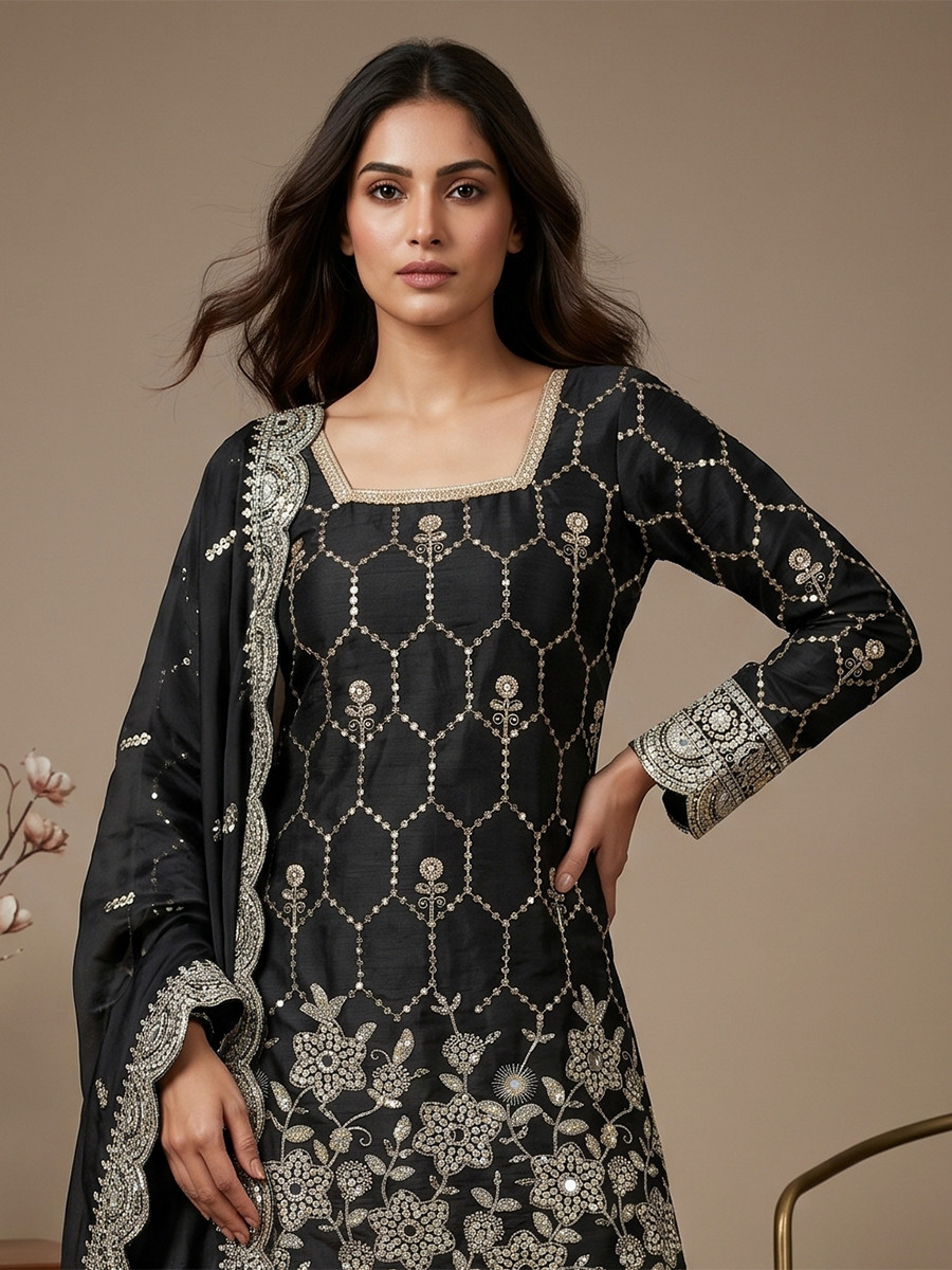 Black Pure Heavy Gmy Silk Embroidery Sequins Real Mirror Hand Work Wedding Party Festival Casual Ready Sharara Pant Salwar Kameez