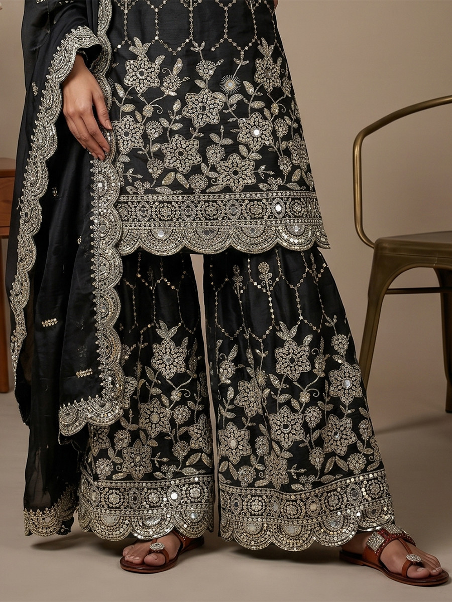 Black Pure Heavy Gmy Silk Embroidery Sequins Real Mirror Hand Work Wedding Party Festival Casual Ready Sharara Pant Salwar Kameez