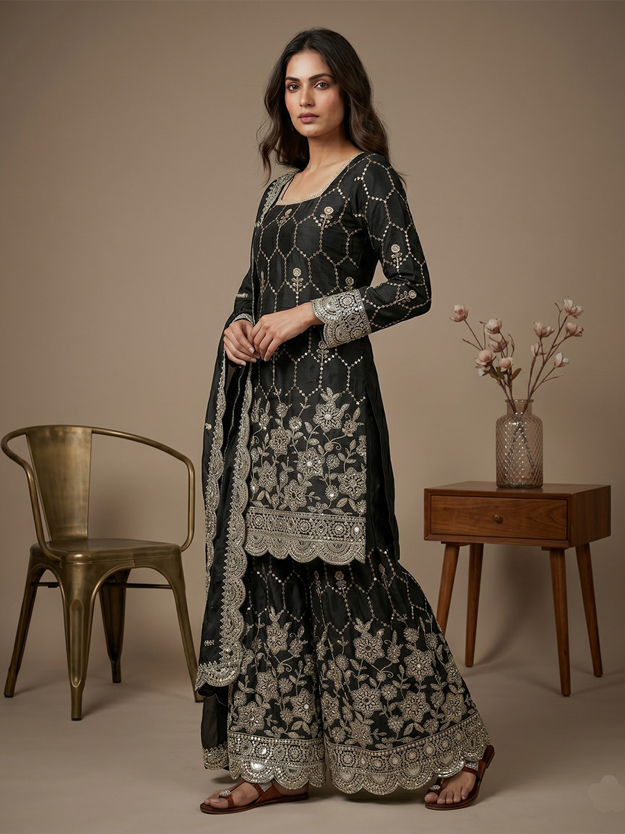 Black Pure Heavy Gmy Silk Embroidery Sequins Real Mirror Hand Work Wedding Party Festival Casual Ready Sharara Pant Salwar Kameez