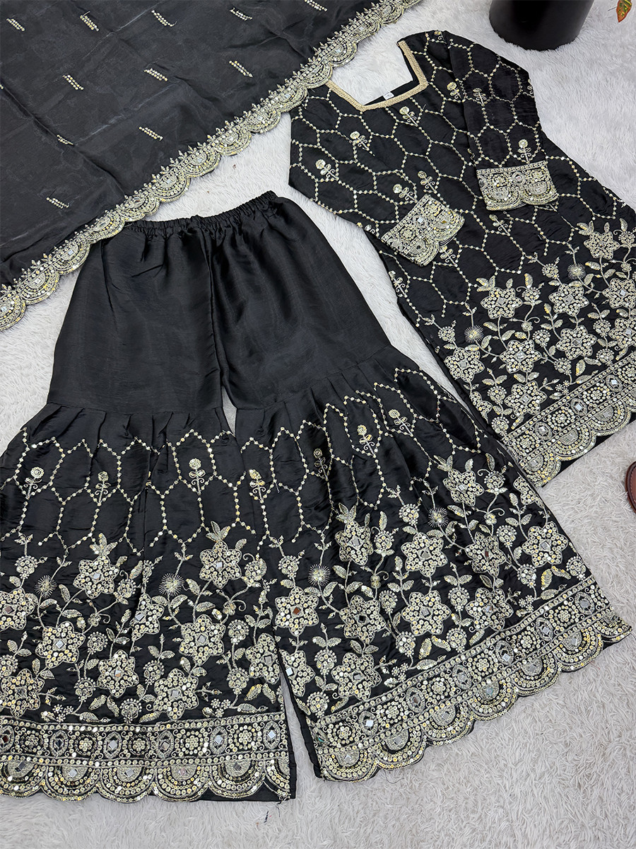 Black Pure Heavy Gmy Silk Embroidery Sequins Real Mirror Hand Work Wedding Party Festival Casual Ready Sharara Pant Salwar Kameez