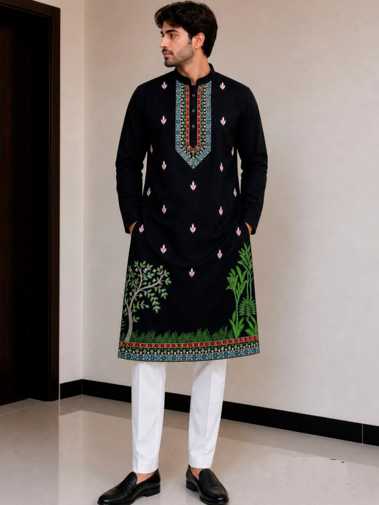 Image of Black Pure Lachaka Embroidery Wedding Party Festival Casual Mens Wear Kurta