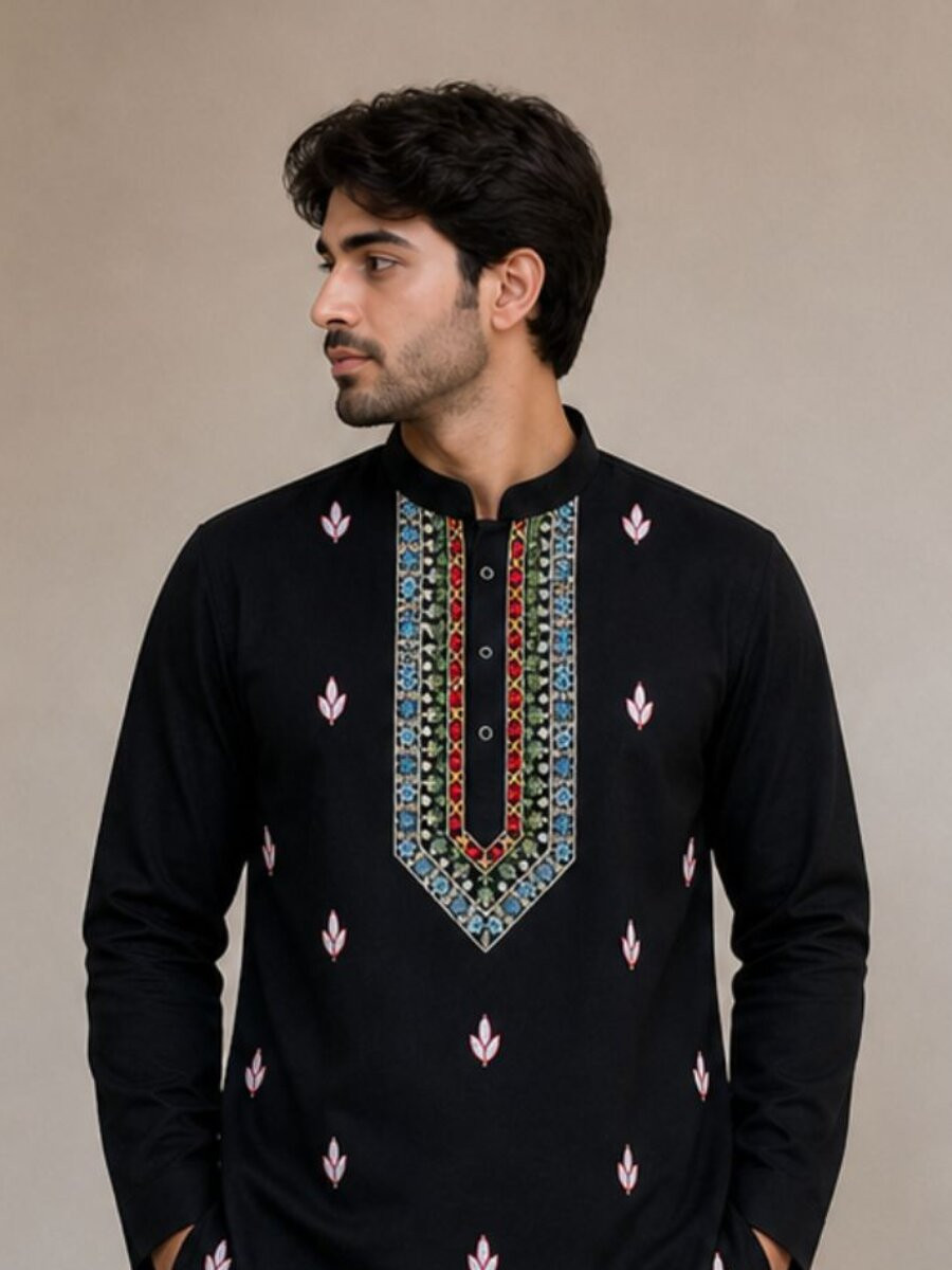 Black Pure Lachaka Embroidery Wedding Party Festival Casual Mens Wear Kurta