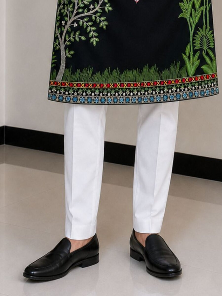 Black Pure Lachaka Embroidery Wedding Party Festival Casual Mens Wear Kurta