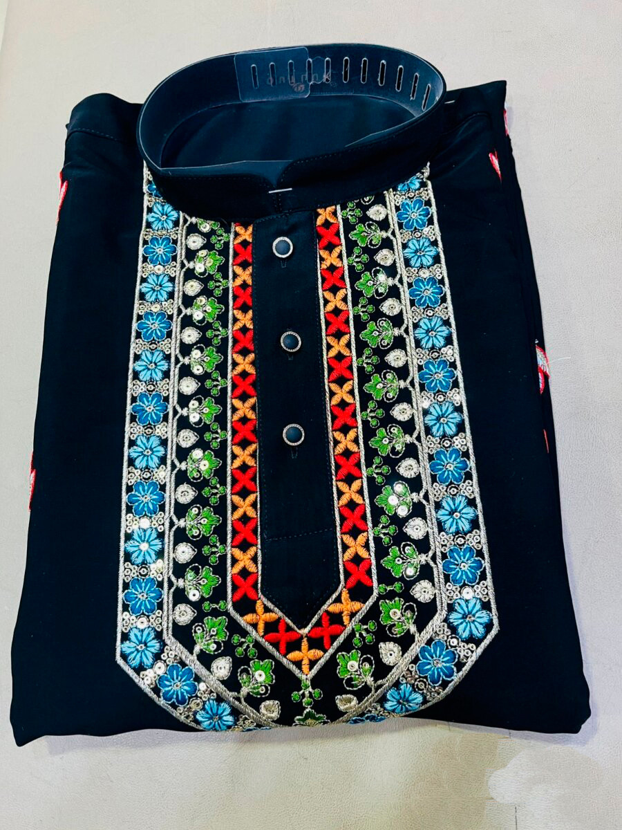 Black Pure Lachaka Embroidery Wedding Party Festival Casual Mens Wear Kurta