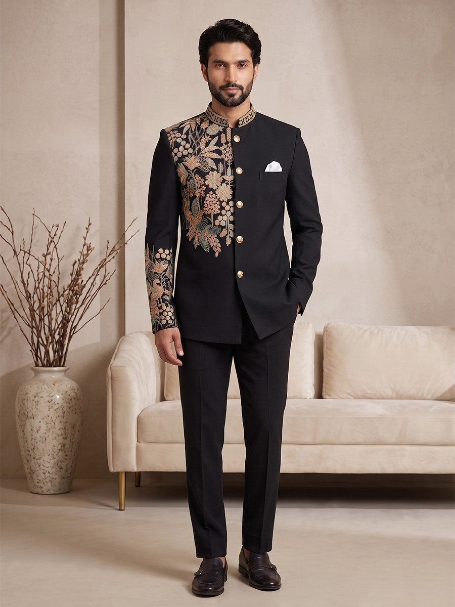 Black Pure Lachka Embroidery Wedding Party Festival Casual Groom Ready jodhpuri suit