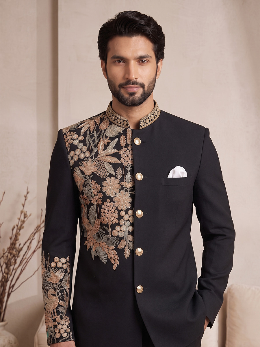 Black Pure Lachka Embroidery Wedding Party Festival Casual Groom Ready jodhpuri suit