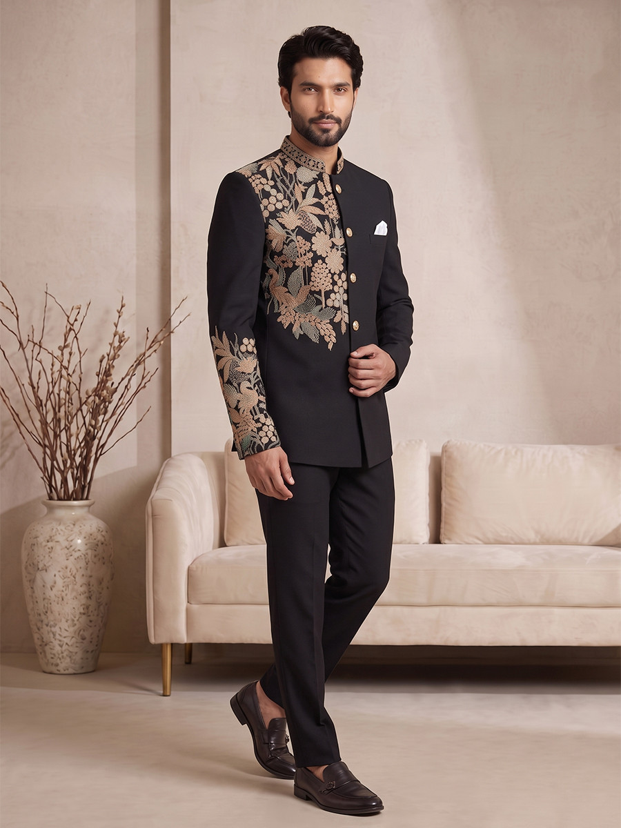 Black Pure Lachka Embroidery Wedding Party Festival Casual Groom Ready jodhpuri suit