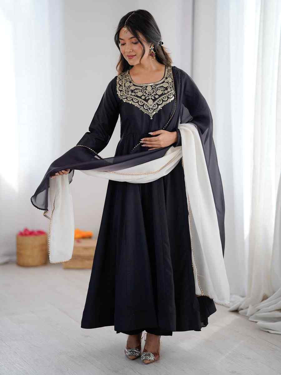Black Pure Muslin Embroidery Party Wedding Festival Casual Ready Anarkali Salwar Kameez