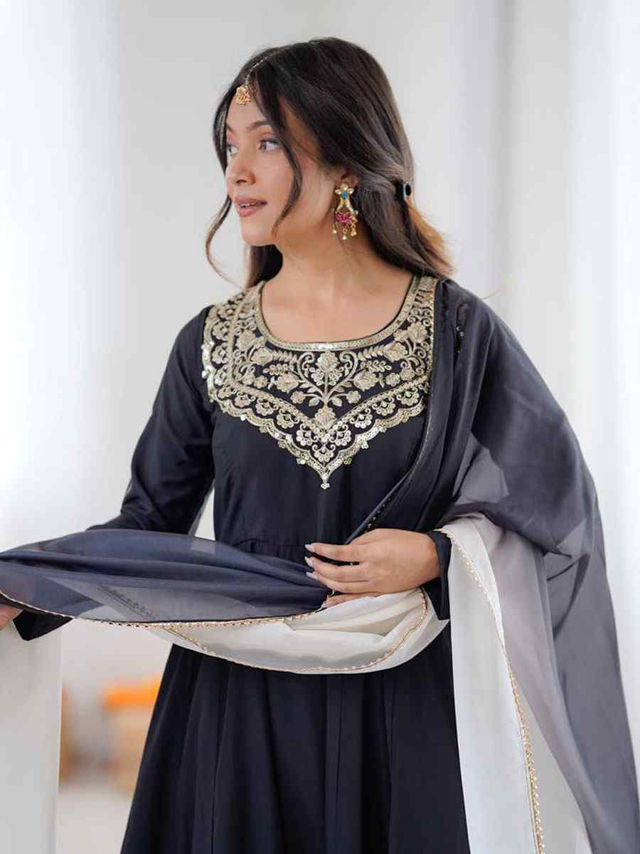 Black Pure Muslin Embroidery Party Wedding Festival Casual Ready Anarkali Salwar Kameez