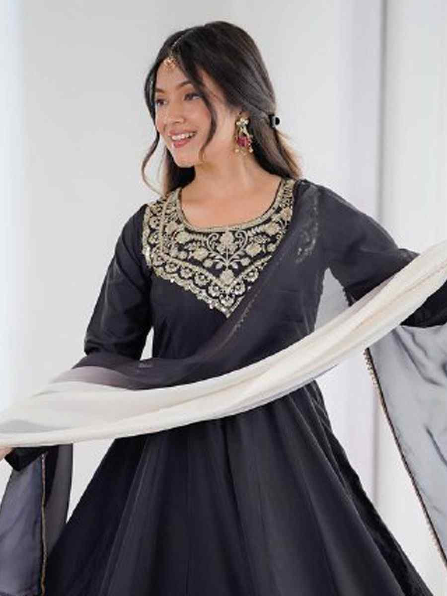 Black Pure Muslin Embroidery Party Wedding Festival Casual Ready Anarkali Salwar Kameez
