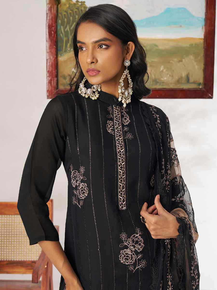 Black Pure Organza Embroidery Party Wedding Festival Casual Ready Pant Salwar Kameez