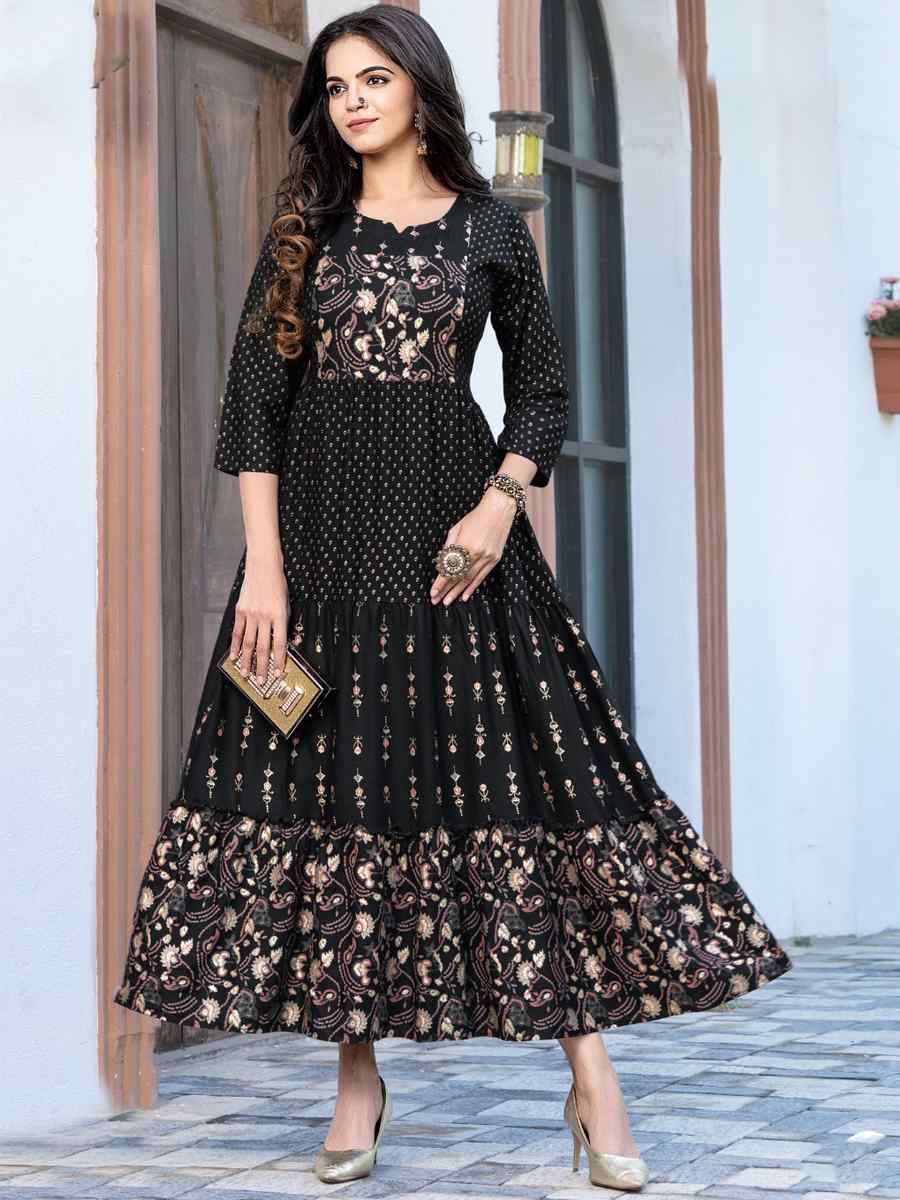 Black Pure Rayon 14kg Printed Festival Casual Gown