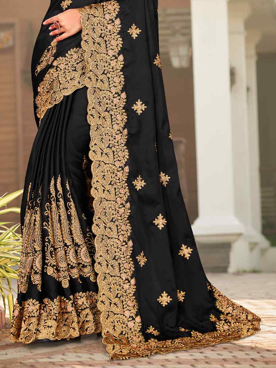 Black Pure Satin Embroidered Wedding Festival Heavy Border Saree