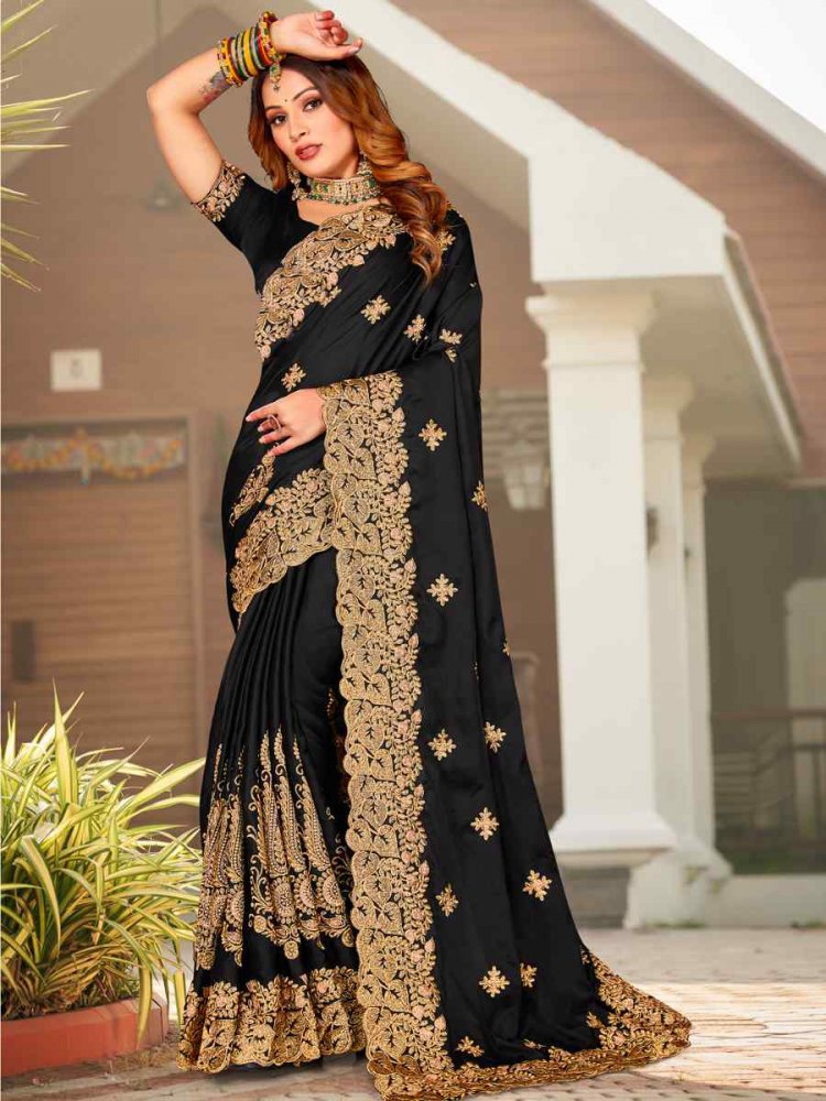 Black Pure Satin Embroidered Wedding Festival Heavy Border Saree