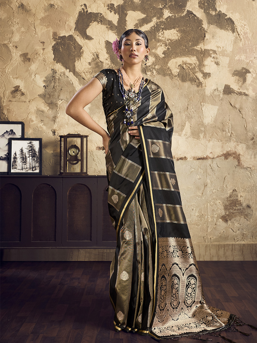 Black Pure Satin Handwoven Wedding Reception Party Festival Casual Heavy Border Sarees