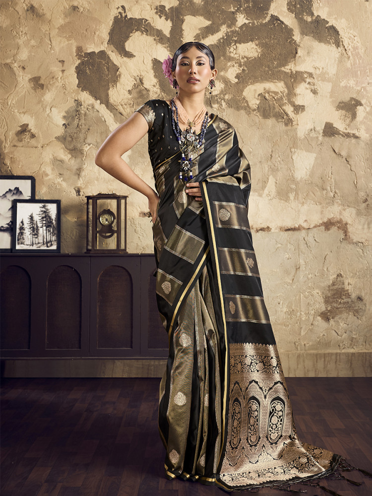 Image of Black Pure Satin Handwoven Wedding Reception Party Festival Casual Heavy Border Sarees