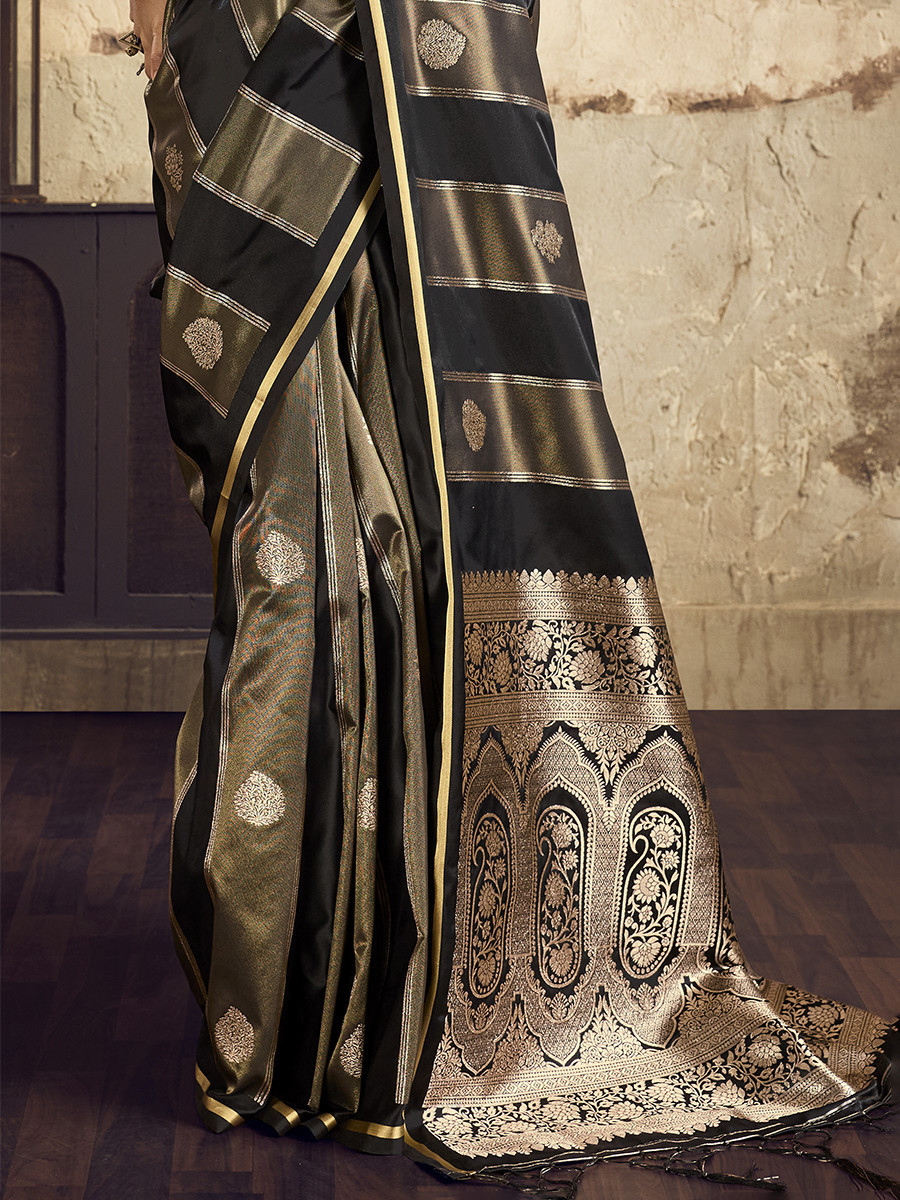 Black Pure Satin Handwoven Wedding Reception Party Festival Casual Heavy Border Sarees