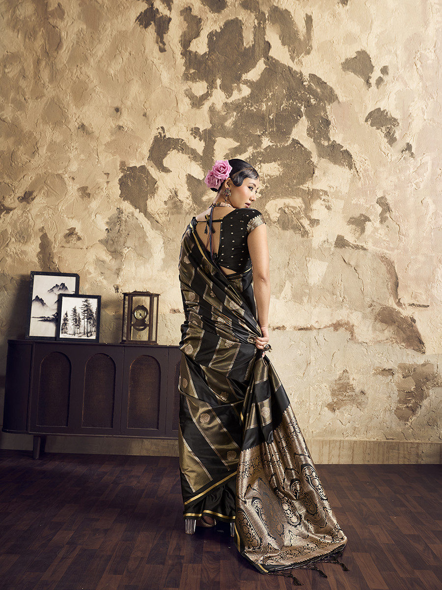 Black Pure Satin Handwoven Wedding Reception Party Festival Casual Heavy Border Sarees