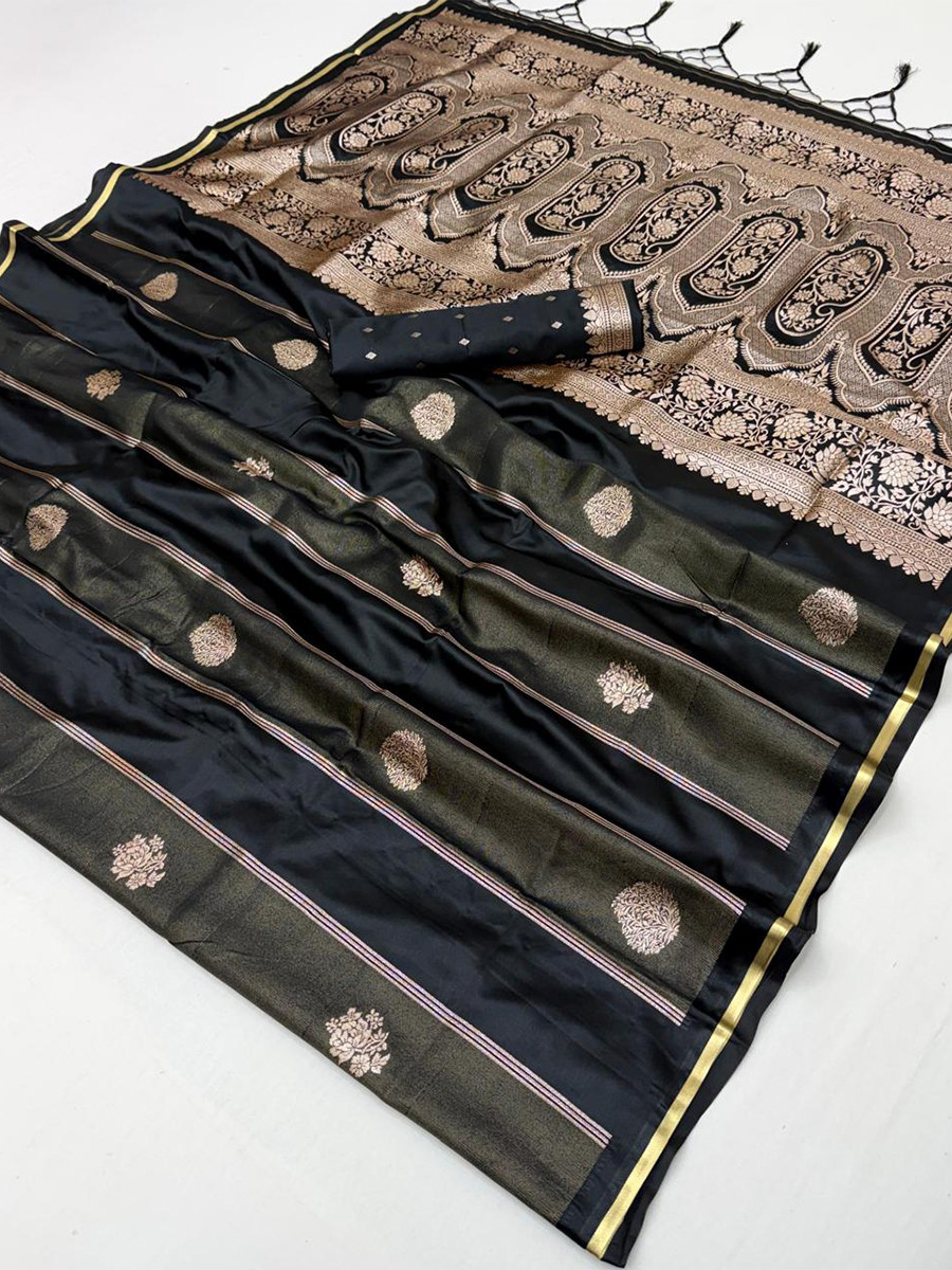 Black Pure Satin Handwoven Wedding Reception Party Festival Casual Heavy Border Sarees