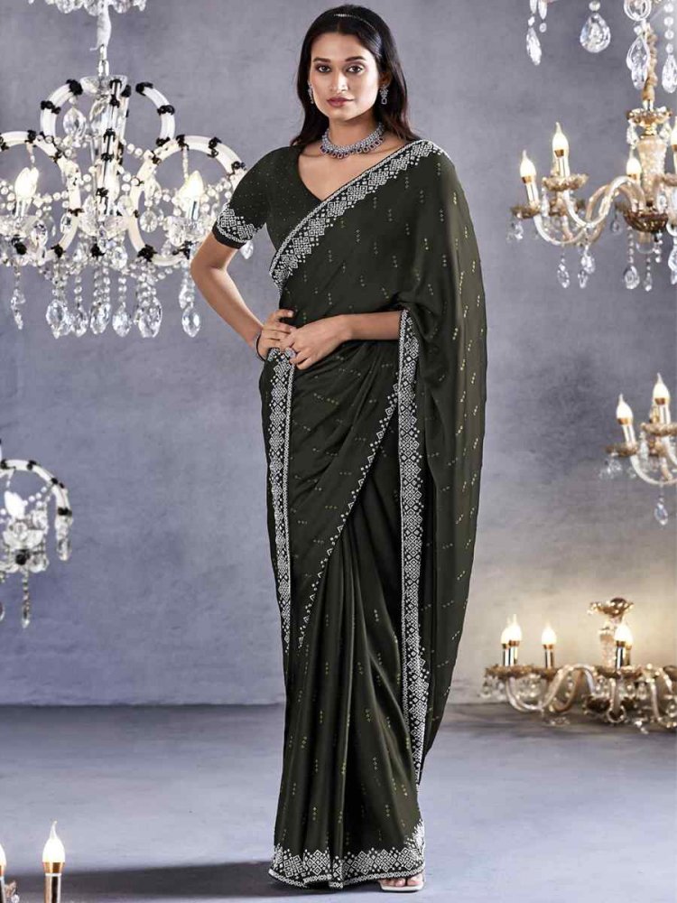 Black Pure Satin Silk Embroidered Wedding Party Heavy Border Saree
