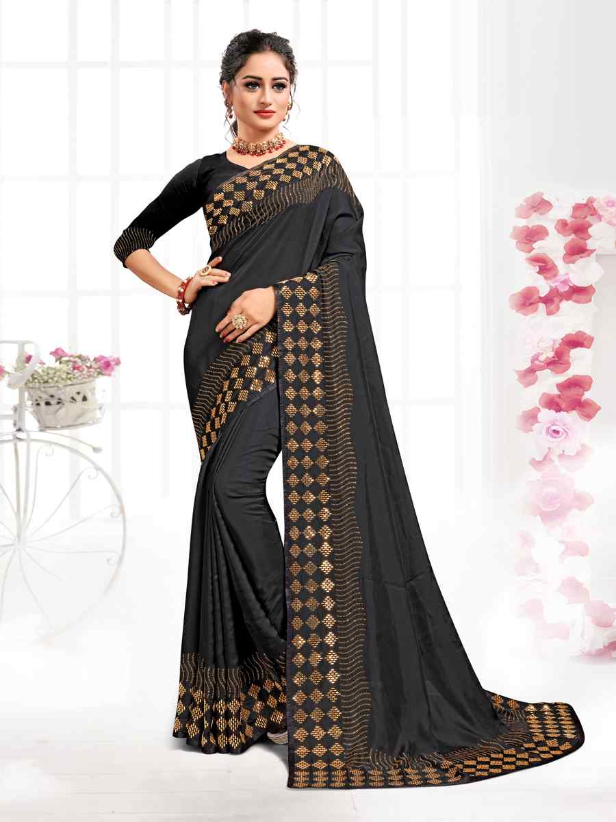 Black Pure Satin Traditional Party Festival Classic Style Saree